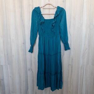 Simplee Womens Prairie Dress Sz S Teal Ruffle Smocked Tiered Long Sleeve Cottage